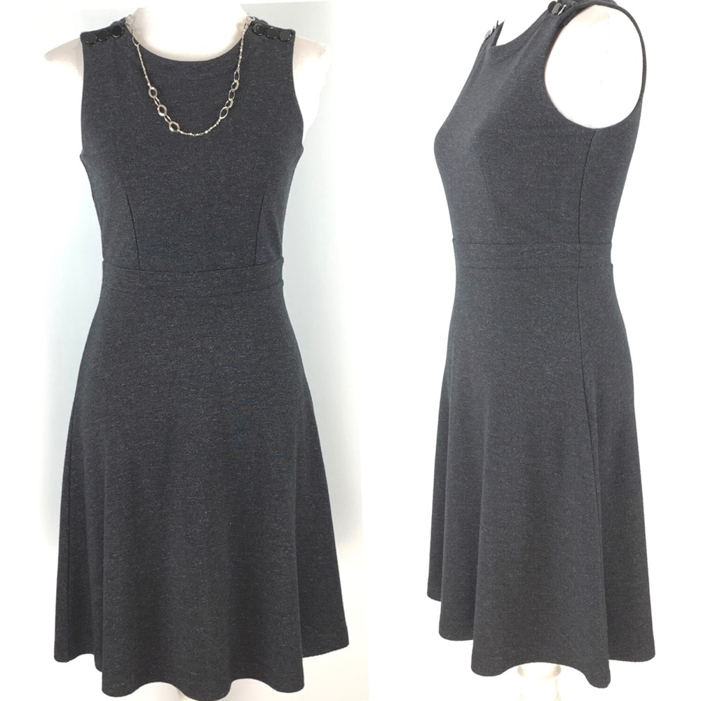 Loft Charcoal Sleeveless Accent Shoulder Buttons Fit and Flare Midi Dress size 0